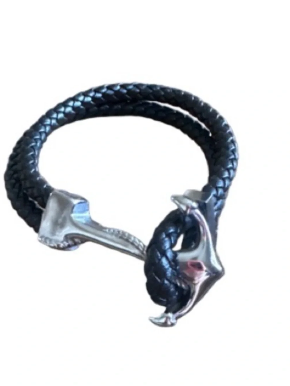 Braided Black Leatger like  Bracelet with Silver Anchor Clasp